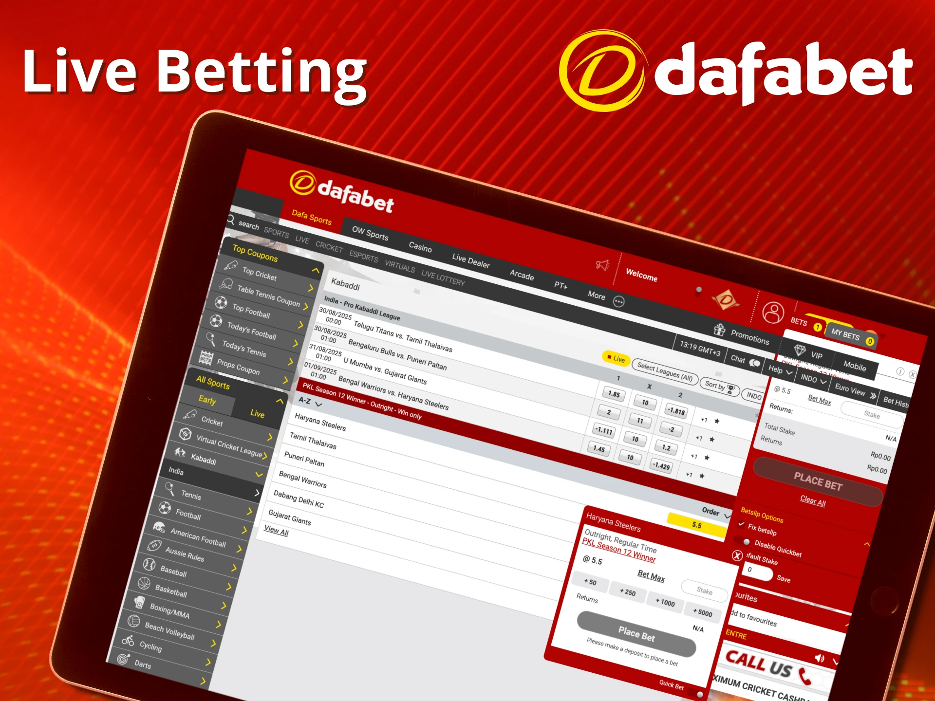Enjoy live kabaddi betting at Dafabet.