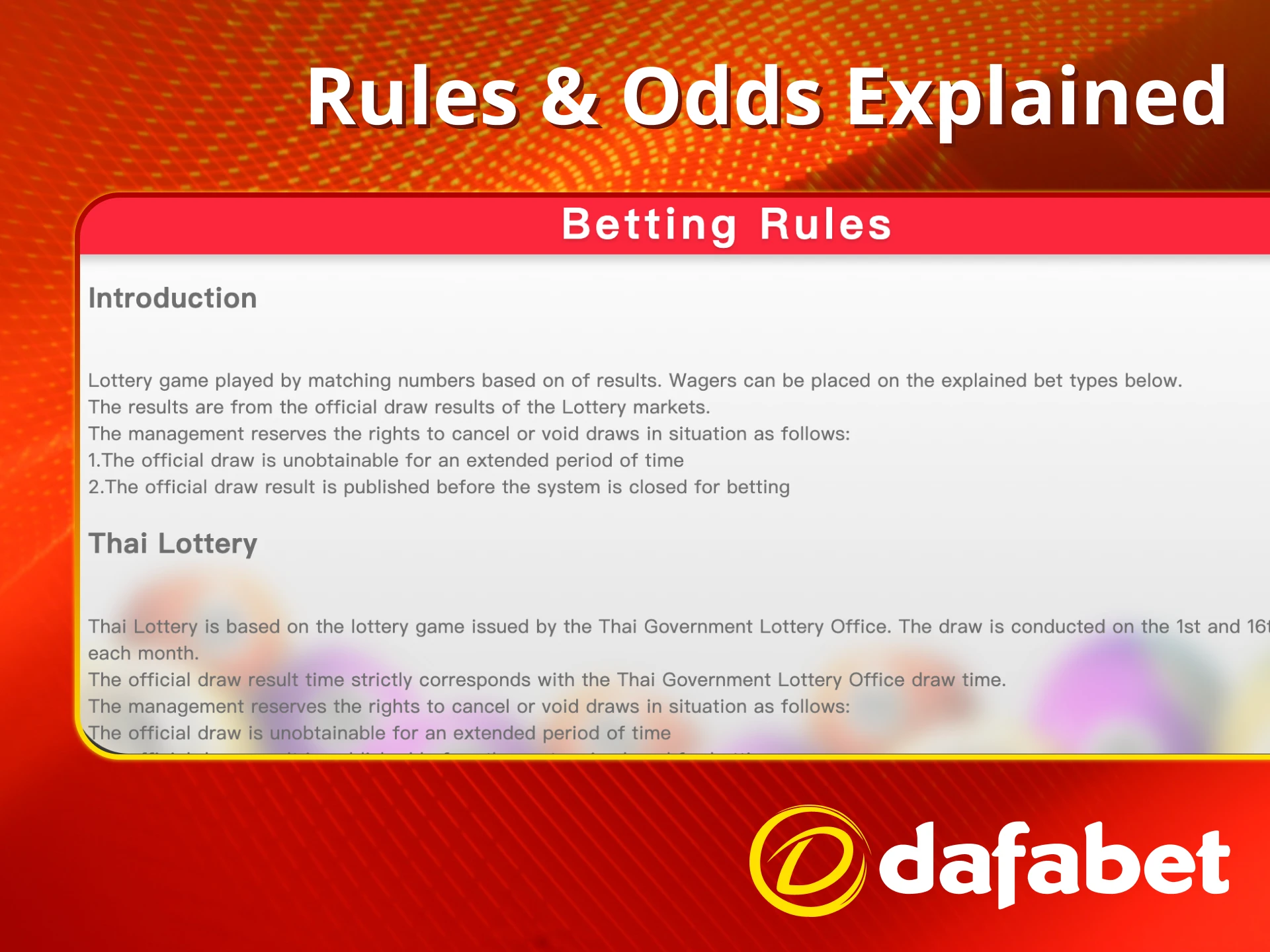 Learn lottery rules and odds at Dafabet.